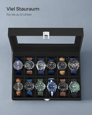 Produktbild von SONGMICS Uhrenbox Uhrenkasten, mit 12 Fächern, Glasdeckel, Geschenkidee