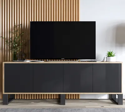 Produktbild von Loft TV-Schrank TV-Lowboard Apollo 2 Viertürig Drei Metallfüße Modern Lindner Möbel 150cm x 53cm x 35cm Farbe: Wotan Eiche matt - schwarz matt