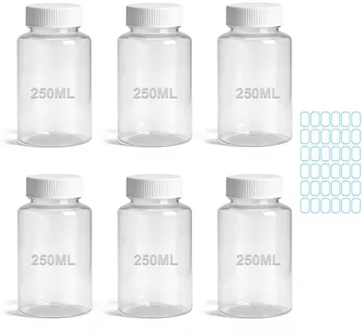 6 Kunststoff-Flaschen 250 ml mit breitem Hals + 36 Etiketten