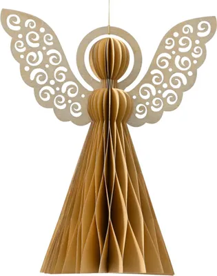A hanging paper angel decoration.