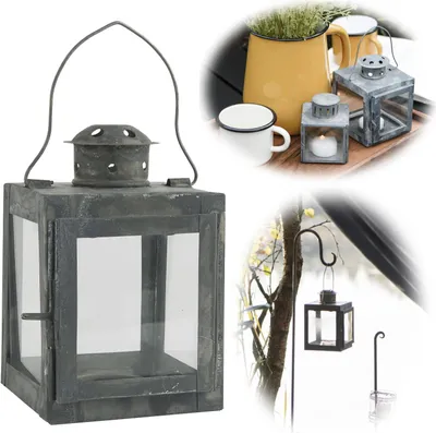 Produktbild von LS-LebenStil Vintage Laterne Windlicht 15cm Metall Grau Teelicht für eine kleine Stumpenkerze oder Teelicht