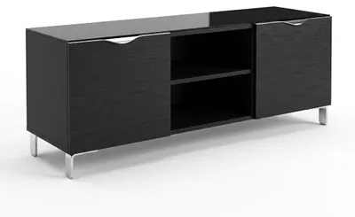 Produktbild von TV-Lowboard in Schwarz Hochglanz - 150 cm Breite - Moderner Fernsehtisch mit Glasplatte