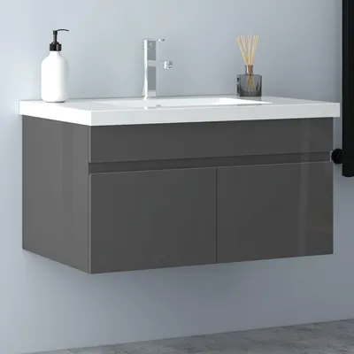 Produktbild von Waschtisch mit Unterschrank 80cm BERGEN Badmöbel Set Hochglanz Schwarz Waschbecken mit Unterschrank MDF Softclose