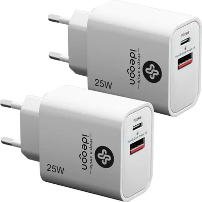 Produktbild von 2er-Set Dual 25Watt USB Ladegerät, 1x USB-C und USB-A, PD- & QC-Netzteil, weiss, Quick Charge für schnelles Laden von iPhone, Samsung, Huawai, Xiaomi
