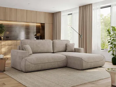 Produktbild von MKS MEBLE Ecksofa OVO mit Schlaffunktion und Bettkasten, Beige Struktur, L-form Couch, 4-Sitzer Ecksofa, 271x195x95 cm - Rechts Seite