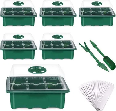 Produktbild von Unyqoos® Anzuchtset 6er – 6× 6‑Zellen Anzuchsschalen (Zelle 5×5×5,5 cm) mit verstellbarer Feuchtigkeitskuppel, Drainage, 20 Etiketten & Pikierwerkzeug