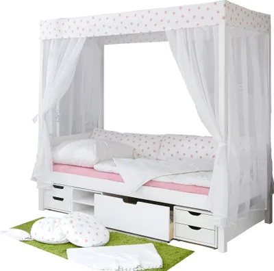 Produktbild von Himmelbett Marlies Massivholz Kiefer inkl.Tüll-Set Weiß Rosa