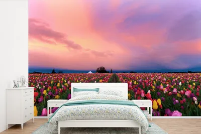 Produktbild von MuchoWow® Fototapete für Wohnzimmer oder Schlafzimmer Wandtapete Vinyl Motivtapete Die farbenfrohen Tulpenfelder - 390x260 cm - Papiertapete