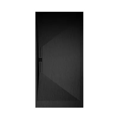 Produktbild von Mineralguss-Duschwanne extra flach EDIS Schieferoptik SCHWARZ 80x90 cm Edelstahl in gleicher Farbe Auslaufschutz in Farbe