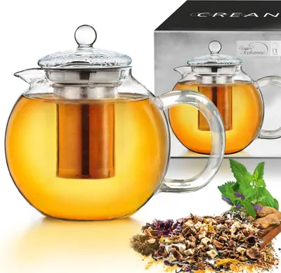Produktbild von Creano Teekanne aus Glas 1,7l, 3-teilige Glasteekanne mit integriertem Edelstahl Sieb und Glasdeckel, ideal zur Zubereitung von losen Tees, tropffrei, All-in-one