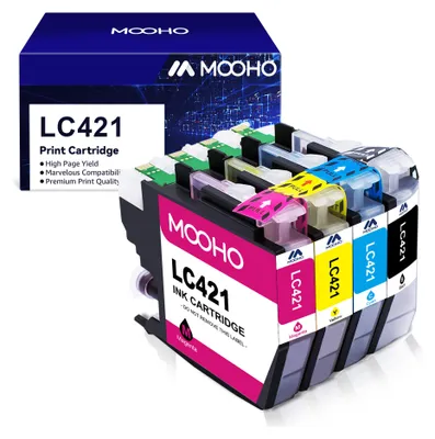 A box of MOOHO LC421 ink cartridges is shown next to the cartridges themselves.