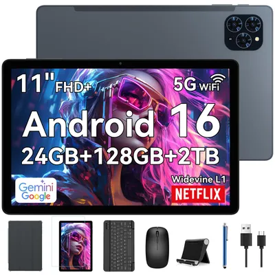 Produktbild von TABWEE 2025 T90 Tablet Android 16 11 Zoll, 24GB (8+16) RAM+128GB ROM(2TB TF), 5G WiFi, mit Stift/Maus/Tastatur, 8000mAh/16MP+8MP/Widevine L1/Gemini AI