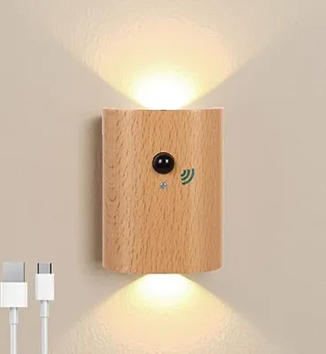 Produktbild von Batterie Wandleuchte Bewegungssensor, hölzerner Innenraum ohne Stromanschluss, LED -Treppe Licht, drahtlose Lampenschalter, Treppe, Flur, Wohnzimmer,