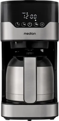 Produktbild von MEDION Kaffeemaschine mit Thermoskanne und Timer (Filtermaschine, 8 Tassen, 1,2 Liter, 900 Watt, 3 Stufen, Warmhaltefunktion, Timer Zeitschaltuhr, Antitropf, Display, MD18458) edelstahl