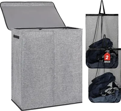 Obrázek produktu pro Koš na prádlo 150 l, dvojitý, skládací, s víkem, vyjímatelné pytle, šedý