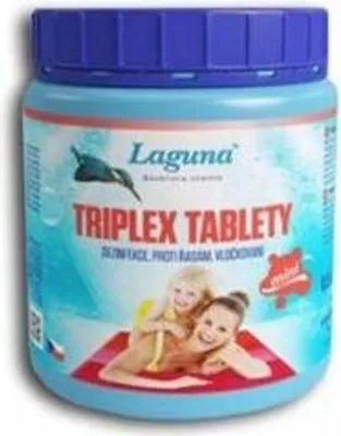 A product container for pool chemicals, featuring a picture of two smiling people on a beach towel.