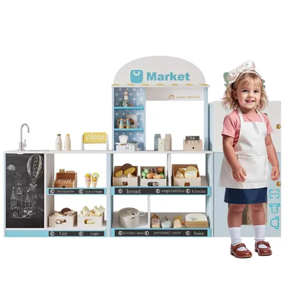 Produktbild von Merax Kinderküche Spielgeschäft aus Holz und Kunststoff, Mit Kühlschrank, Mikrowelle und Eiserzeuger, Interaktives Rollenspiel, Ab 3 Jahren, Blau