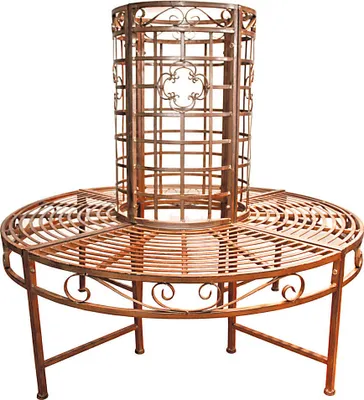 A metal garden bench with a decorative cage-like structure in the center, presented on a white background.