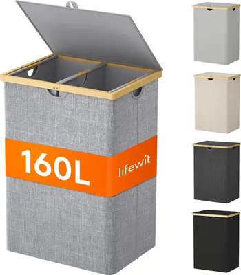 Produktbild von 160 l Bambus Wäschekorb mit Deckel - faltbarer Wäsche-Sammler - 2 Fächer Wäschesortierer - abnehmbare Wäschetasche - Handgriffe - Wäschebox - Wäschekörbe - Hauswirtschaftsraum - Schlafzimmer - grauer Wäschesortierer