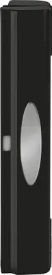 A close-up side view of a black foil dispenser with a silver oval button.