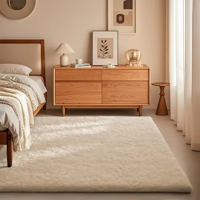 Produktbild von Teppich 120x160 cm flauschiger Hochflor, Shaggy Langflor Wohnzimmerteppich mit rutschfester Unterseite, Bettvorleger für Schlafzimmer und Kinderzimmer, 4,3 cm Flor, Creme