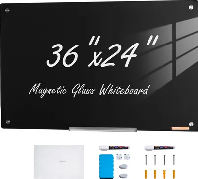 Produktbild von VEVOR Magnetisches Glas-Whiteboard, Trocken Abwischbare Tafel 90 x 60 cm, Wandmontiertes Großes Weißes Glasboard ohne Rahmen, mit Stiftablage, einem Radiergummi& 2 Stiften, Magnettafel Schwarz