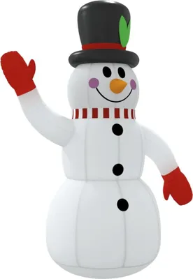 An inflatable snowman with a top hat, scarf, and mittens, waving.