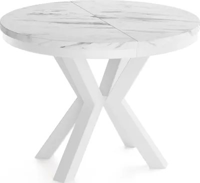 Produktbild von Runder Ausziehbarer Esstisch im Loft-Stil - Industrieller Tisch in Weißer Marmoroptik mit Weißen Metallbeinen - Platzsparender Tisch für Wohnzimmer - Marmor Weiß - 100 bis 180 cm