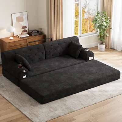 Produktbild von STILVORA Schlafsofa 3-Sitzer mit hoher Rückenlehne und Liegefunktion, Cordsofa mit Metallrahmen und hochdichtem Schaumstoff, Sofa mit Getränkehaltern und Seitentaschen