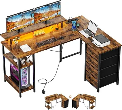 Imagen del producto de Escritorio con 4 cajones, 142x107 cm. Escritorio de esquina reversible con LED, toma de corriente. Mesa de juego en forma de L con soporte para monitor, espacio de almacenamiento. Escritorio de color marrón vintage para oficina en casa y gamers