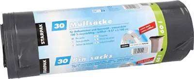 Produktbild von Müllsäcke, LDPE 60 l 100 cm x 57 cm schwarz extra stark und extra reißfest, 70 my