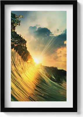 Produktbild von Welle auf dem Meer und Sonnenuntergang– Wandbild mit Rahmen – Gerahmtes Bild  – Wanddekoration – 40x60 cm –  Schwarz