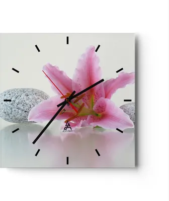 Produktbild von Wanduhr - Quadrat - Glasuhr - Lilienblüte grün Pflanze - 30x30cm - Schleichendes Uhrwerk - Lautlos - zum Aufhängen bereit - Dekoration Modern - Wanddekoration aus Glas - C3AC30x30-0485