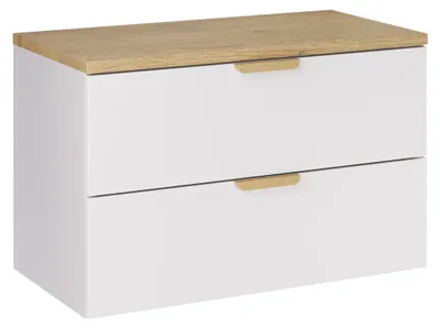 Image de Ensemble de salle de bain de 80 cm avec plan vasque en bois imitation chêne et meuble sous vasque à 2 tiroirs, finition blanche mat