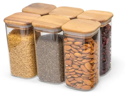 Produktbild von Set aus 6 Glas-Aufbewahrungsgläsern mit Akazienholzdeckel