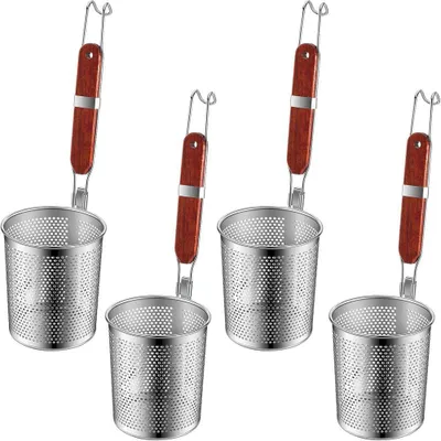 Produktbild von Pasta-Siebeinsatz 4 Stück, aus Edelstahl mit Holzgriff, 12 cm – ideal zum Abseihen von Nudeln und Knödeln