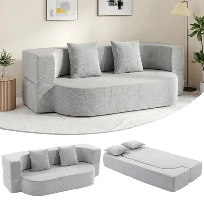 Immagine prodotto di HOMCOM 2 in 1 Divano Letto 2 Posti con 2 Cuscini Sfoderabili, Braccioli, Seduta Imbottita, in Ciniglia, Grigio Chiaro