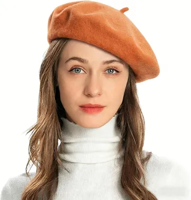 Zdjęcie produktu dla Czapka typu beret w klasycznym stylu - beret artysty, wzór francuski - jasny pomarańczowy - 90% wełny - oddychająca - komfortowa i ciepła - czapka