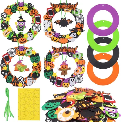 Productafbeelding van Halloween knutselset, 4 Halloween kransen, knutselset, foam krans voor de deur om mee te knutselen met stickers, creatieve doe-het-zelf set