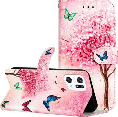 Produktbild von CLM-Tech Hülle kompatibel mit Oppo Find X5 Pro - Tasche aus Kunstleder - Klapphülle mit Ständer und Kartenfächern, rosa Baum und Schmetterlinge