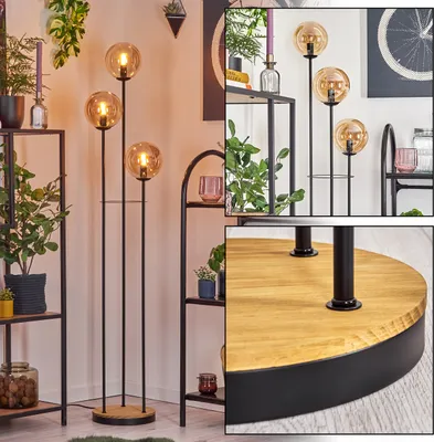 Produktbild von Fossobiubo Stehlampe aus Metall/Holz/Glas in Schwarz/Braun/Bernsteinfarben