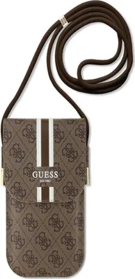 A brown Guess branded phone pouch with a strap, displayed against a white background.