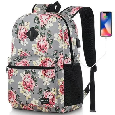Immagine prodotto di Zaino da donna, zaino per la scuola, zaino per laptop, zaino casual, zaino per il tempo libero, zaino per l'università, zaino da viaggio, zaino da lavoro, 15,6 pollici, colore grigio con motivo floreale, con porta USB, impermeabile