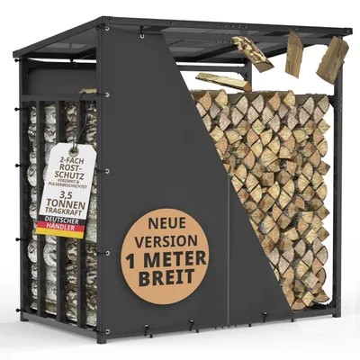 Productafbeelding van Houthok buiten met dak en 2 afdekzeilen 185x105x185cm 1m diep antraciet verzinkt staal 4x4cm, 3,5t draaglast, voor 25-100cm houtblokken droog n