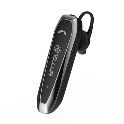 A black and silver Bluetooth headset is shown against a white background.