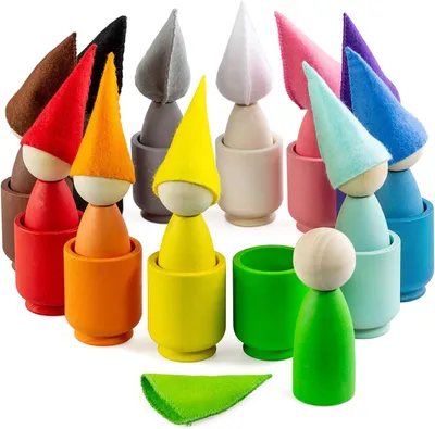Productafbeelding van Houten Poppetjes in Bekers met Mutsjes Montessori Speelgoed 1 Jaar