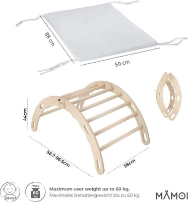 Produktbild von MAMOI® Kletterbogen mit Kissen, Kissen für Regenbogenwippe aus Holz, Kletterdreieck, Baby Klettern, Holzbogen für Kinder, Spielplatz, Klettergerüst