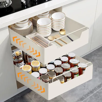 Produktbild von Küchenschrank Aufbewahrung - Ausziehbarer Korb Mit Schienen - 2er-Set - Stapelbar - Größenverstellbar - Kunststoff - Hellgrau