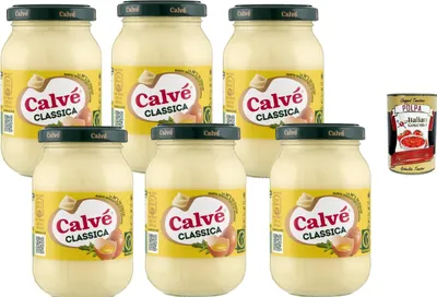 Produktbild von Calvé Mayonnaise Classica 6 x 225 ml Glas, cremig, ideal für Sandwich, Burger, Pommes und Salate, italienischer Vorratspack + Italian Gourmet polpa
