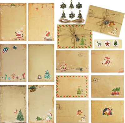 Imagen del producto de Set de papel para escribir con motivos navideños, incluye 60 hojas de papel kraft y 30 sobres, ideal para invitaciones
